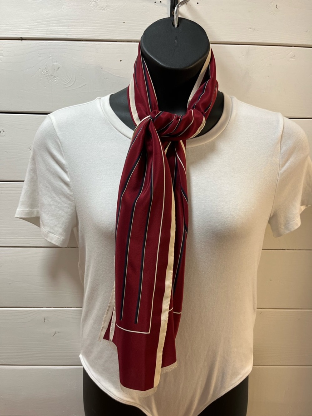 Vintage Red Nautical Striped Silk Scarf Ship Motif